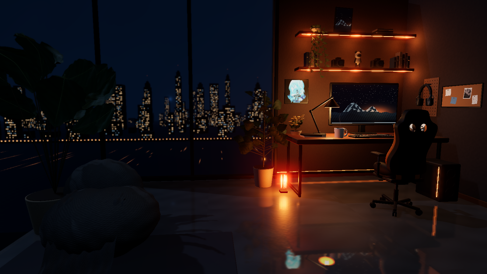Ayush’s warm-lit night workspace overlooking a city